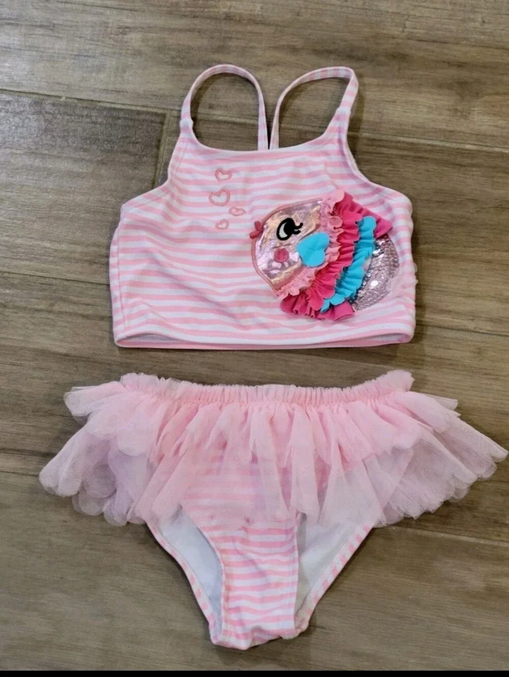 Flapdoodles Girls 2Pc Swim Set Tankini Embellished Fish Hearts & Tutu 3T UPF 50+